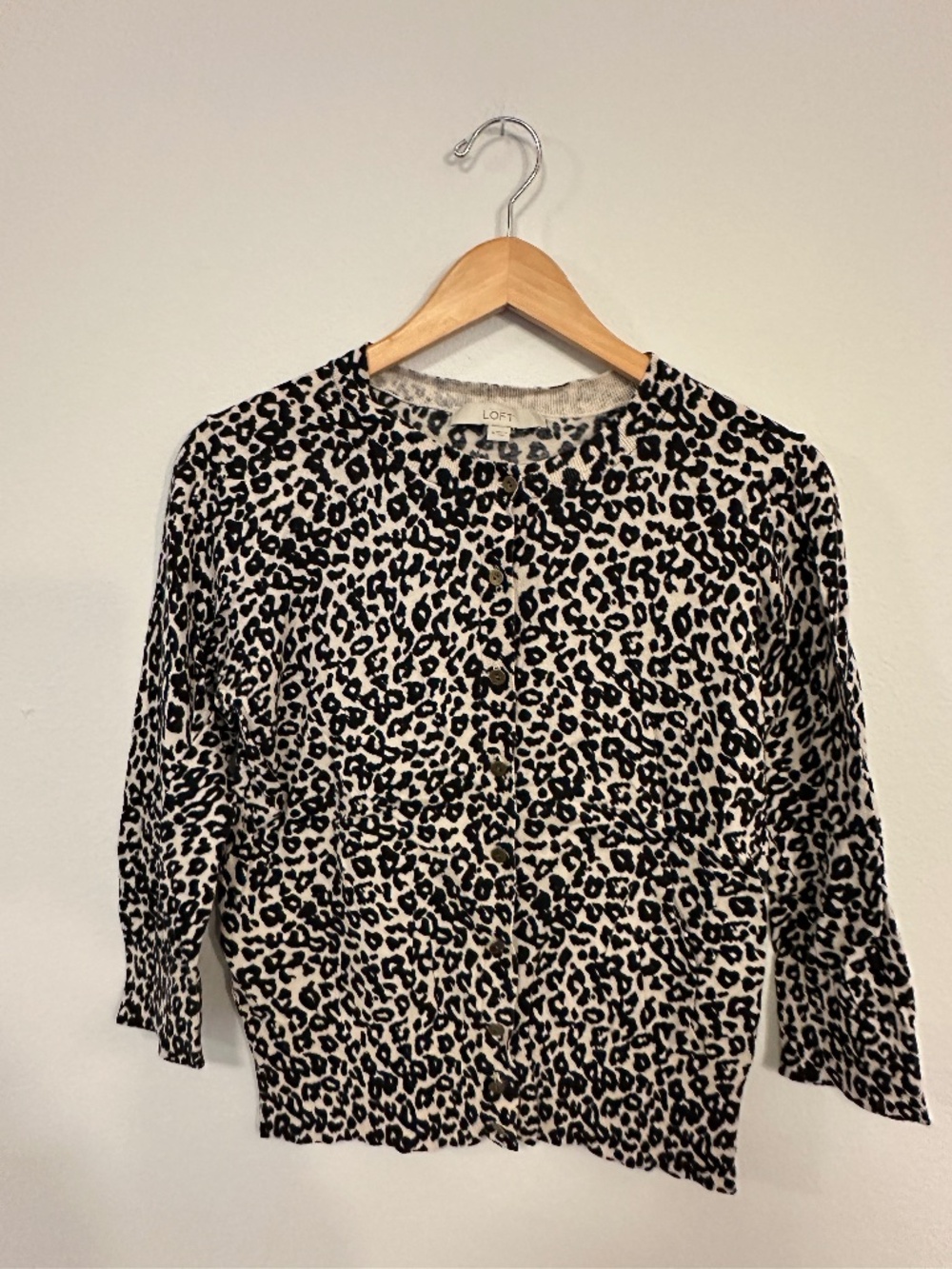 LOFT Ivory Black Leopard Print Button Front Cardigan Women's M